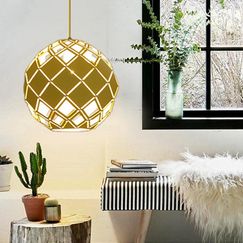 Hollow Globe Shade Pendant Light Nordic Metal 1 Light Blue/Red/Yellow Ceiling Lamp for Study Room Yellow Clearhalo 'Ceiling Lights' 'Modern Pendants' 'Modern' 'Pendant Lights' 'Pendants' Lighting' 135202