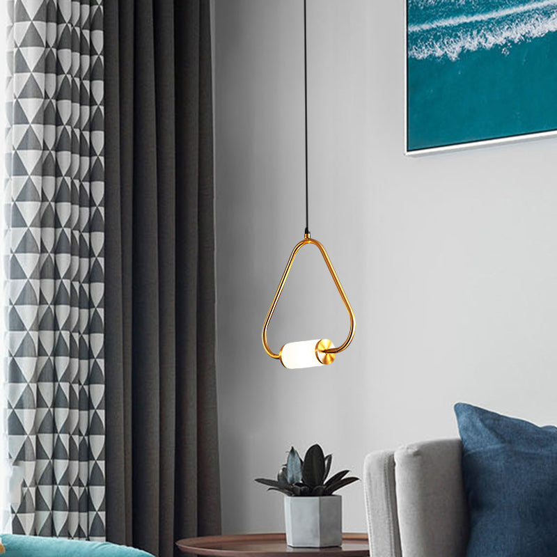 Simple Style LED Hanging Pendant Light with White Glass Cylinder Shade Brass Triangle/Round/Square Ceiling Lamp Brass Triangle Clearhalo 'Ceiling Lights' 'Modern Pendants' 'Modern' 'Pendant Lights' 'Pendants' Lighting' 135216