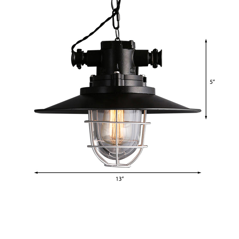 Wire Cage Restaurant Hanging Lamp with Saucer Shade Nautical Metal 1 Bulb Black Ceiling Pendant Clearhalo 'Art Deco Pendants' 'Black' 'Cast Iron' 'Ceiling Lights' 'Ceramic' 'Crystal' 'Industrial Pendants' 'Industrial' 'Metal' 'Middle Century Pendants' 'Pendant Lights' 'Pendants' 'Rustic Pendants' 'Tiffany' Lighting' 135683