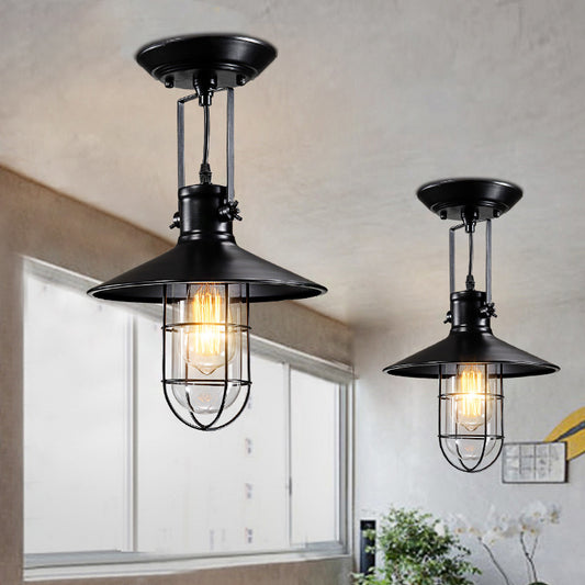 Nautical Cone Semi Flush Mount Lighting 1 Head Metal Ceiling Mounted Light with Cage Shade in Black Black Clearhalo 'Ceiling Lights' 'Close To Ceiling Lights' 'Close to ceiling' 'Semi-flushmount' Lighting' 135698