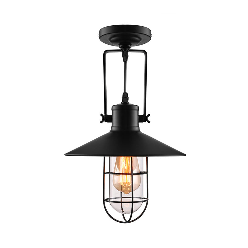 Nautical Cone Semi Flush Mount Lighting 1 Head Metal Ceiling Mounted Light with Cage Shade in Black Clearhalo 'Ceiling Lights' 'Close To Ceiling Lights' 'Close to ceiling' 'Semi-flushmount' Lighting' 135699