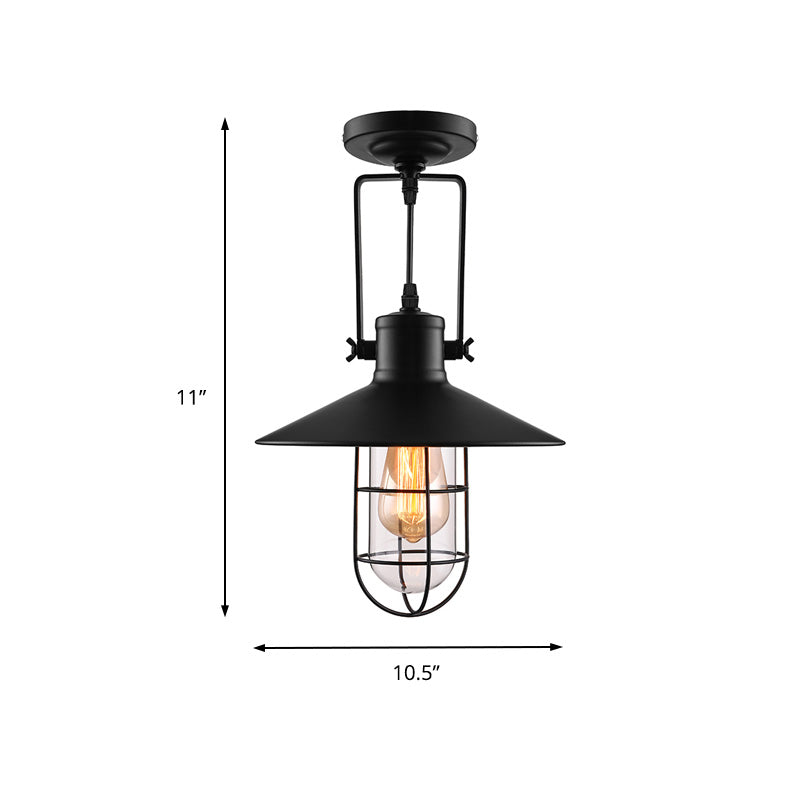 Nautical Cone Semi Flush Mount Lighting 1 Head Metal Ceiling Mounted Light with Cage Shade in Black Clearhalo 'Ceiling Lights' 'Close To Ceiling Lights' 'Close to ceiling' 'Semi-flushmount' Lighting' 135700