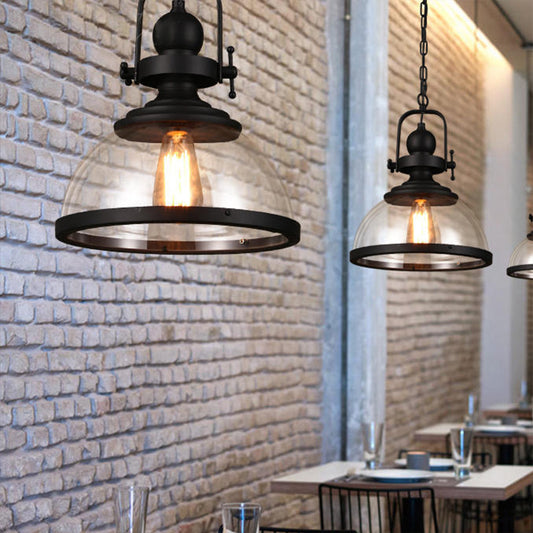 Black Single Light Pendant Lighting Industrial Clear Glass Lantern Hanging Lamp for Dining Room Clear Clearhalo 'Ceiling Lights' 'Glass shade' 'Glass' 'Industrial Pendants' 'Industrial' 'Middle Century Pendants' 'Pendant Lights' 'Pendants' 'Tiffany' Lighting' 135715