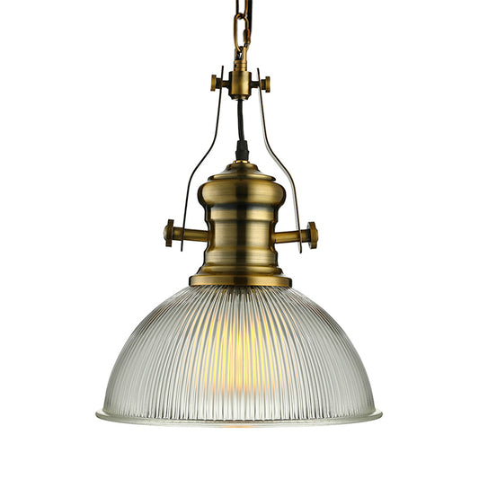 12"/15" Wide Dome Pendant Light Industrial 1 Light Ribbed Glass Hanging Lamp in Brass for Dining Room Clearhalo 'Ceiling Lights' 'Glass shade' 'Glass' 'Industrial Pendants' 'Industrial' 'Middle Century Pendants' 'Pendant Lights' 'Pendants' 'Tiffany' Lighting' 135759