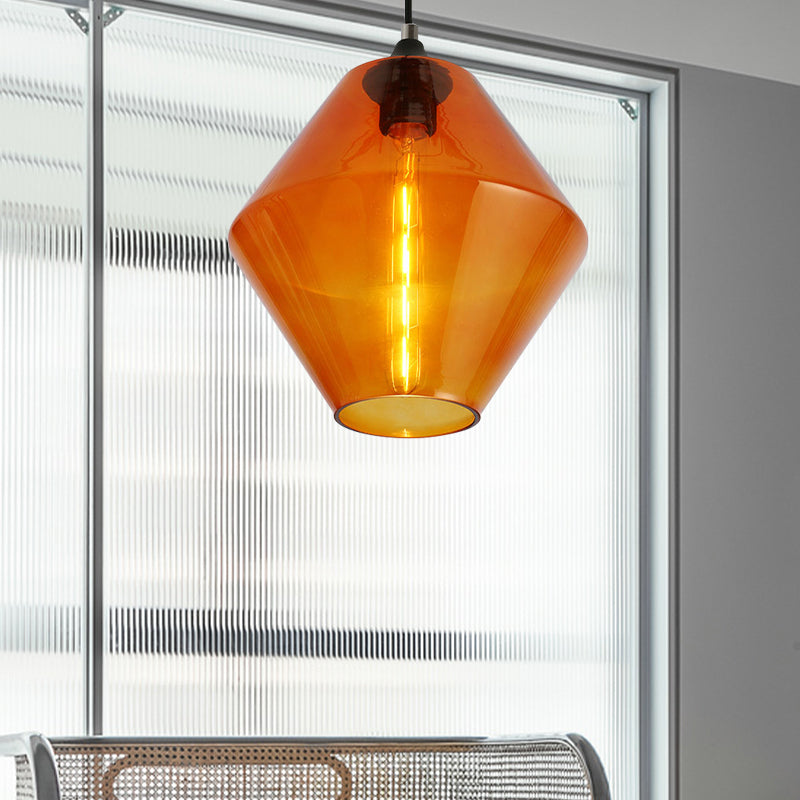 Single Light Diamond Shade Ceiling Pendant Light Vintage Black Orange/Blue/Green Glass Hanging Lamp Orange Clearhalo 'Ceiling Lights' 'Close To Ceiling Lights' 'Glass shade' 'Glass' 'Industrial Pendants' 'Industrial' 'Middle Century Pendants' 'Pendant Lights' 'Pendants' 'Tiffany' Lighting' 136164