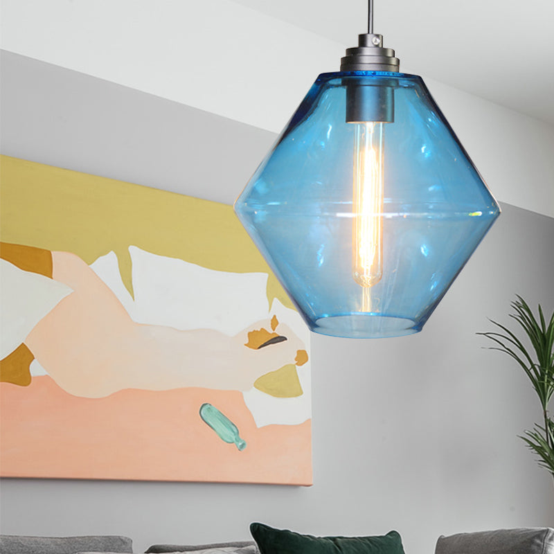 Single Light Diamond Shade Ceiling Pendant Light Vintage Black Orange/Blue/Green Glass Hanging Lamp Blue Clearhalo 'Ceiling Lights' 'Close To Ceiling Lights' 'Glass shade' 'Glass' 'Industrial Pendants' 'Industrial' 'Middle Century Pendants' 'Pendant Lights' 'Pendants' 'Tiffany' Lighting' 136168