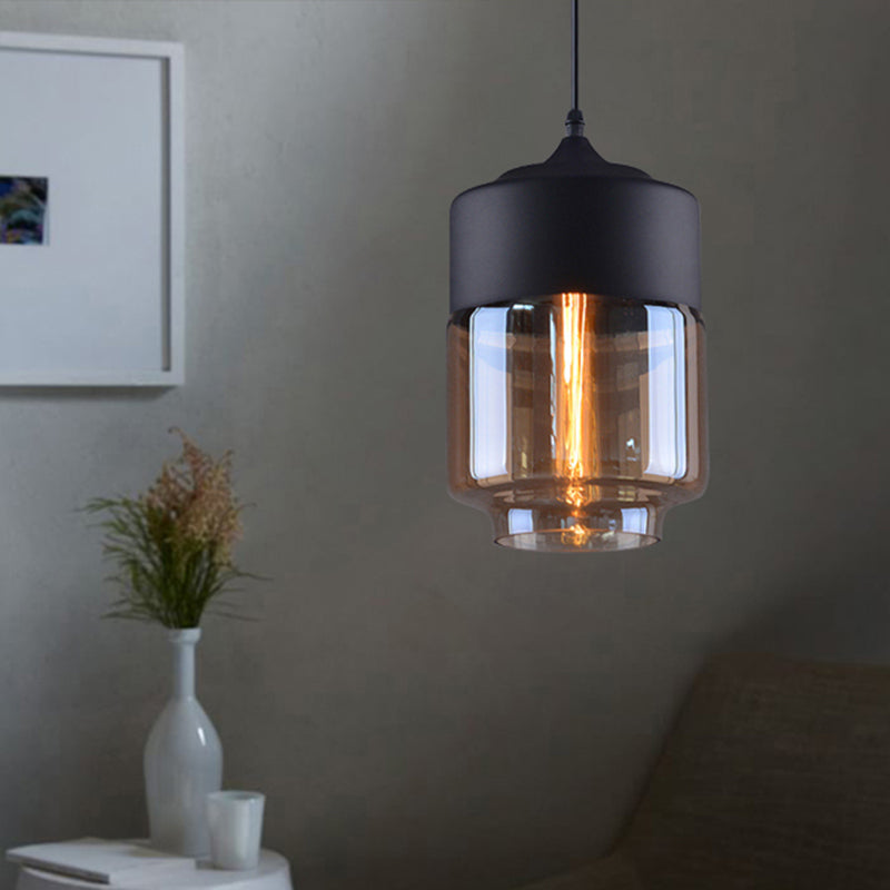 Cylinder Pendant Lighting Industrial 1 Light Brown Glass Hanging Ceiling Light in Black, 5"/7"/8" Wide Clearhalo 'Ceiling Lights' 'Glass shade' 'Glass' 'Industrial Pendants' 'Industrial' 'Middle Century Pendants' 'Pendant Lights' 'Pendants' 'Tiffany' Lighting' 136282