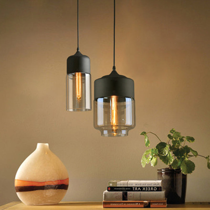 Cylinder Pendant Lighting Industrial 1 Light Brown Glass Hanging Ceiling Light in Black, 5"/7"/8" Wide Clearhalo 'Ceiling Lights' 'Glass shade' 'Glass' 'Industrial Pendants' 'Industrial' 'Middle Century Pendants' 'Pendant Lights' 'Pendants' 'Tiffany' Lighting' 136283