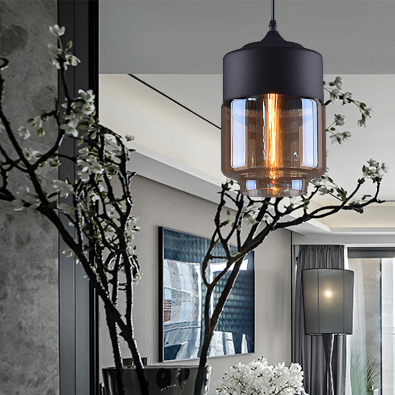 Cylinder Pendant Lighting Industrial 1 Light Brown Glass Hanging Ceiling Light in Black, 5"/7"/8" Wide Black 7" Clearhalo 'Ceiling Lights' 'Glass shade' 'Glass' 'Industrial Pendants' 'Industrial' 'Middle Century Pendants' 'Pendant Lights' 'Pendants' 'Tiffany' Lighting' 136284