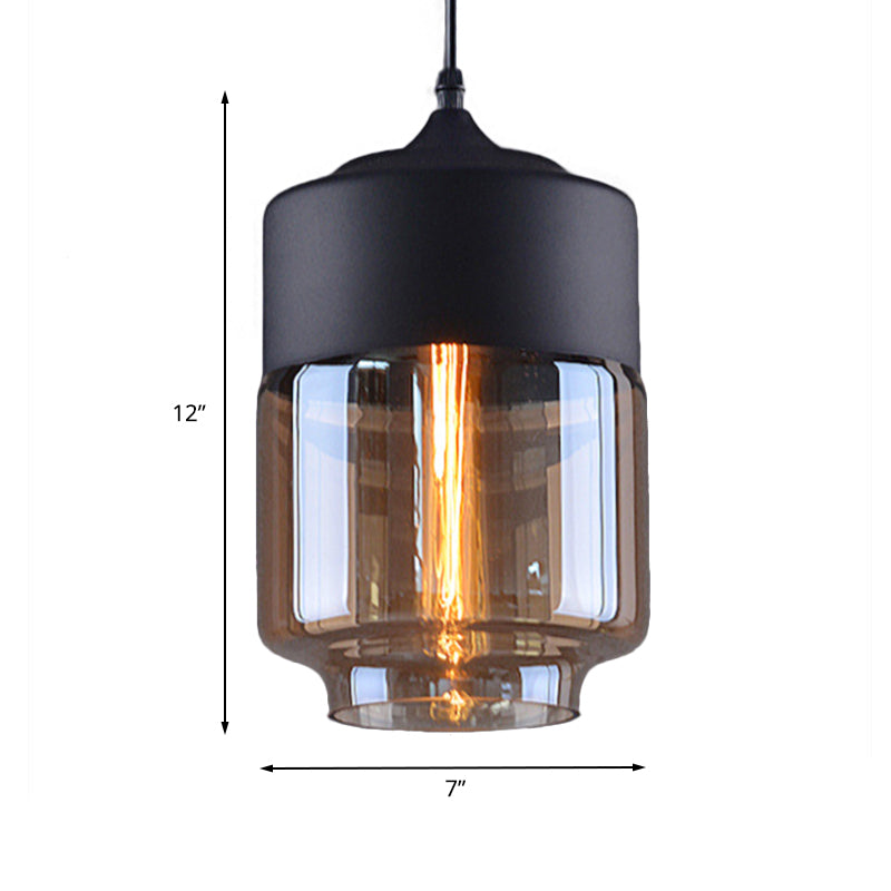 Cylinder Pendant Lighting Industrial 1 Light Brown Glass Hanging Ceiling Light in Black, 5"/7"/8" Wide Clearhalo 'Ceiling Lights' 'Glass shade' 'Glass' 'Industrial Pendants' 'Industrial' 'Middle Century Pendants' 'Pendant Lights' 'Pendants' 'Tiffany' Lighting' 136286