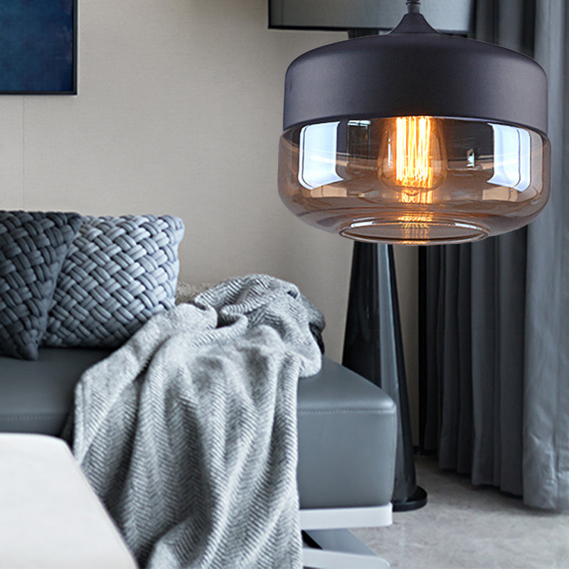 Cylinder Pendant Lighting Industrial 1 Light Brown Glass Hanging Ceiling Light in Black, 5"/7"/8" Wide Black 10" Clearhalo 'Ceiling Lights' 'Glass shade' 'Glass' 'Industrial Pendants' 'Industrial' 'Middle Century Pendants' 'Pendant Lights' 'Pendants' 'Tiffany' Lighting' 136292