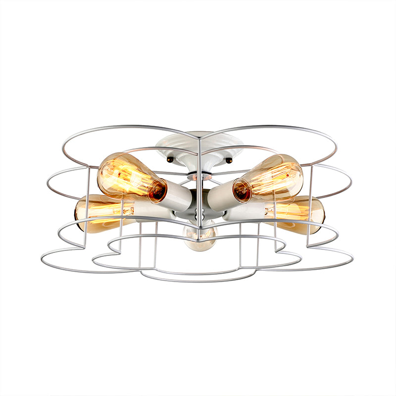 5-Light Bloom Shaped Semi-Flush Mount Modern Simple Wire Caged Ceiling Light in White for Bedroom Clearhalo 'Ceiling Lights' 'Close To Ceiling Lights' 'Close to ceiling' 'Semi-flushmount' Lighting' 136326