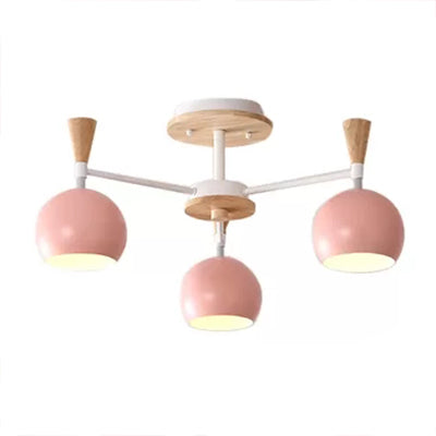 Wood and Metal Ceiling Light, 3 Lights Semi Flush Mount Lighting with Orb Shade for Kids Bedroom Nordic Style 3 Pink Clearhalo 'Ceiling Lights' 'Close To Ceiling Lights' 'Close to ceiling' 'Semi-flushmount' Lighting' 13673