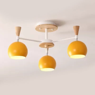 Wood and Metal Ceiling Light, 3 Lights Semi Flush Mount Lighting with Orb Shade for Kids Bedroom Nordic Style 3 Yellow Clearhalo 'Ceiling Lights' 'Close To Ceiling Lights' 'Close to ceiling' 'Semi-flushmount' Lighting' 13674