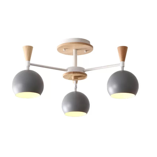 Wood and Metal Ceiling Light, 3 Lights Semi Flush Mount Lighting with Orb Shade for Kids Bedroom Nordic Style 3 Grey Clearhalo 'Ceiling Lights' 'Close To Ceiling Lights' 'Close to ceiling' 'Semi-flushmount' Lighting' 13675