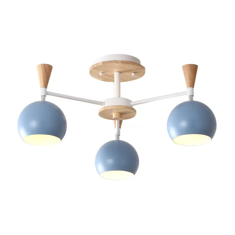 Wood and Metal Ceiling Light, 3 Lights Semi Flush Mount Lighting with Orb Shade for Kids Bedroom Nordic Style 3 Blue Clearhalo 'Ceiling Lights' 'Close To Ceiling Lights' 'Close to ceiling' 'Semi-flushmount' Lighting' 13676