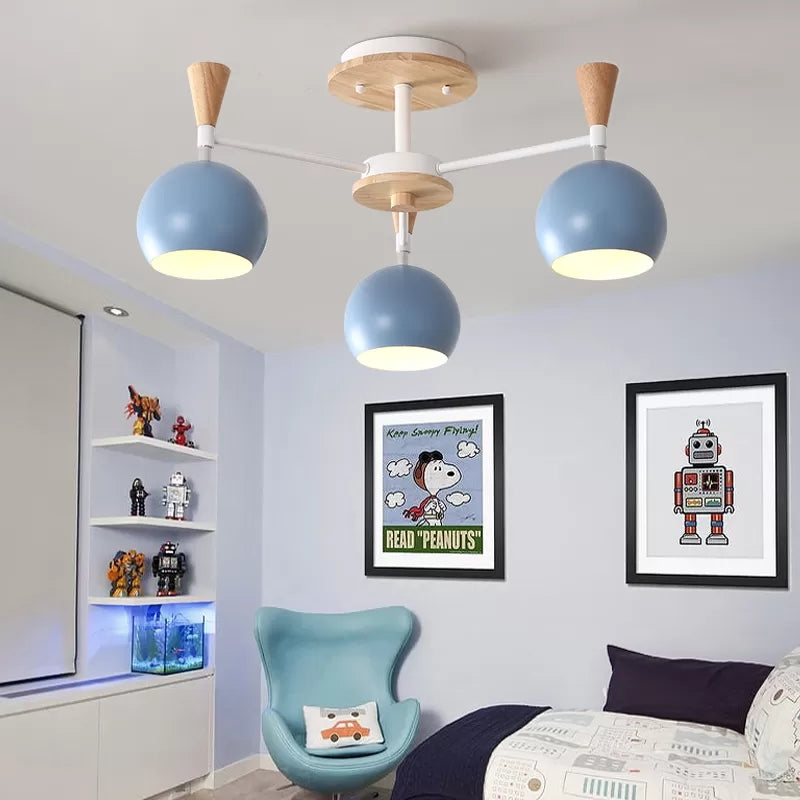 Wood and Metal Ceiling Light, 3 Lights Semi Flush Mount Lighting with Orb Shade for Kids Bedroom Nordic Style Clearhalo 'Ceiling Lights' 'Close To Ceiling Lights' 'Close to ceiling' 'Semi-flushmount' Lighting' 13677