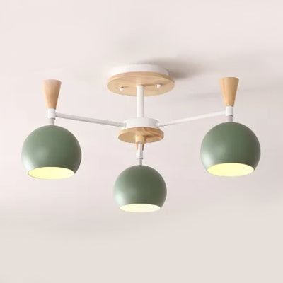 Wood and Metal Ceiling Light, 3 Lights Semi Flush Mount Lighting with Orb Shade for Kids Bedroom Nordic Style 3 Green Clearhalo 'Ceiling Lights' 'Close To Ceiling Lights' 'Close to ceiling' 'Semi-flushmount' Lighting' 13678