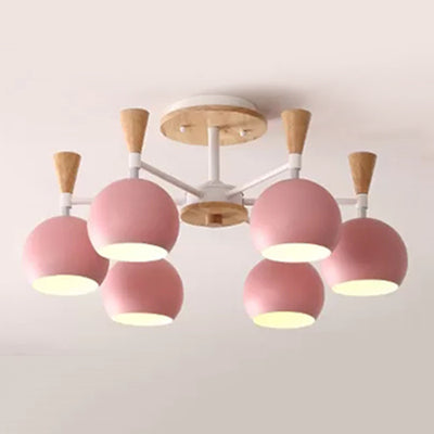 Wood and Metal Ceiling Light, 3 Lights Semi Flush Mount Lighting with Orb Shade for Kids Bedroom Nordic Style 6 Pink Clearhalo 'Ceiling Lights' 'Close To Ceiling Lights' 'Close to ceiling' 'Semi-flushmount' Lighting' 13679