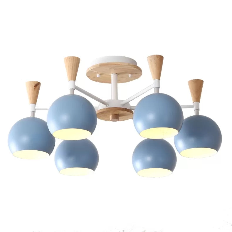 Wood and Metal Ceiling Light, 3 Lights Semi Flush Mount Lighting with Orb Shade for Kids Bedroom Nordic Style 6 Blue Clearhalo 'Ceiling Lights' 'Close To Ceiling Lights' 'Close to ceiling' 'Semi-flushmount' Lighting' 13683