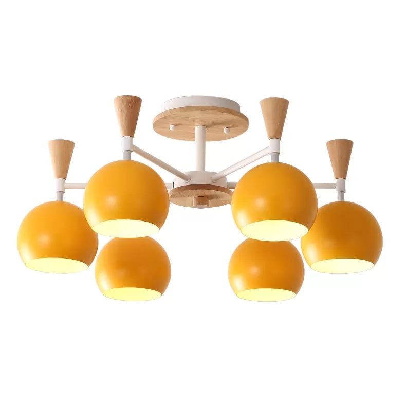 Wood and Metal Ceiling Light, 3 Lights Semi Flush Mount Lighting with Orb Shade for Kids Bedroom Nordic Style 6 Yellow Clearhalo 'Ceiling Lights' 'Close To Ceiling Lights' 'Close to ceiling' 'Semi-flushmount' Lighting' 13684