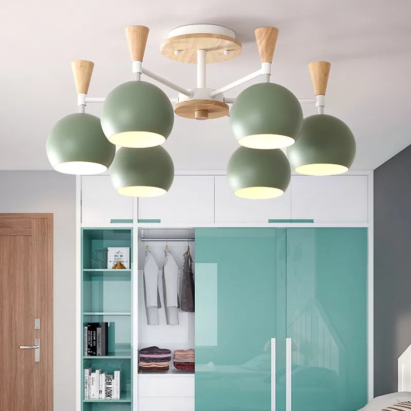 Wood and Metal Ceiling Light, 3 Lights Semi Flush Mount Lighting with Orb Shade for Kids Bedroom Nordic Style 6 Green Clearhalo 'Ceiling Lights' 'Close To Ceiling Lights' 'Close to ceiling' 'Semi-flushmount' Lighting' 13685