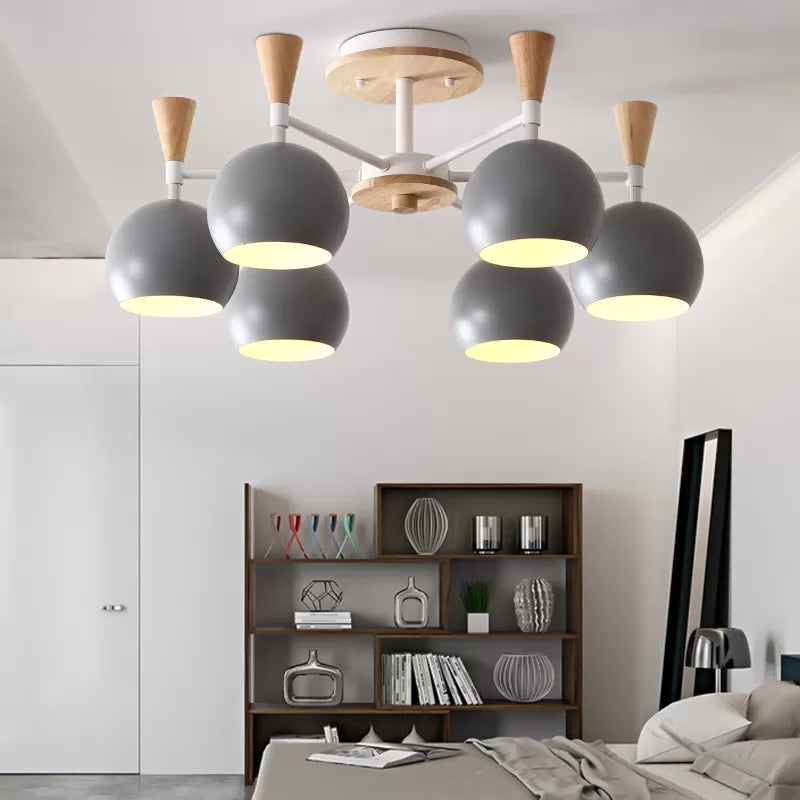 Wood and Metal Ceiling Light, 3 Lights Semi Flush Mount Lighting with Orb Shade for Kids Bedroom Nordic Style Grey Clearhalo 'Ceiling Lights' 'Close To Ceiling Lights' 'Close to ceiling' 'Semi-flushmount' Lighting' 13686