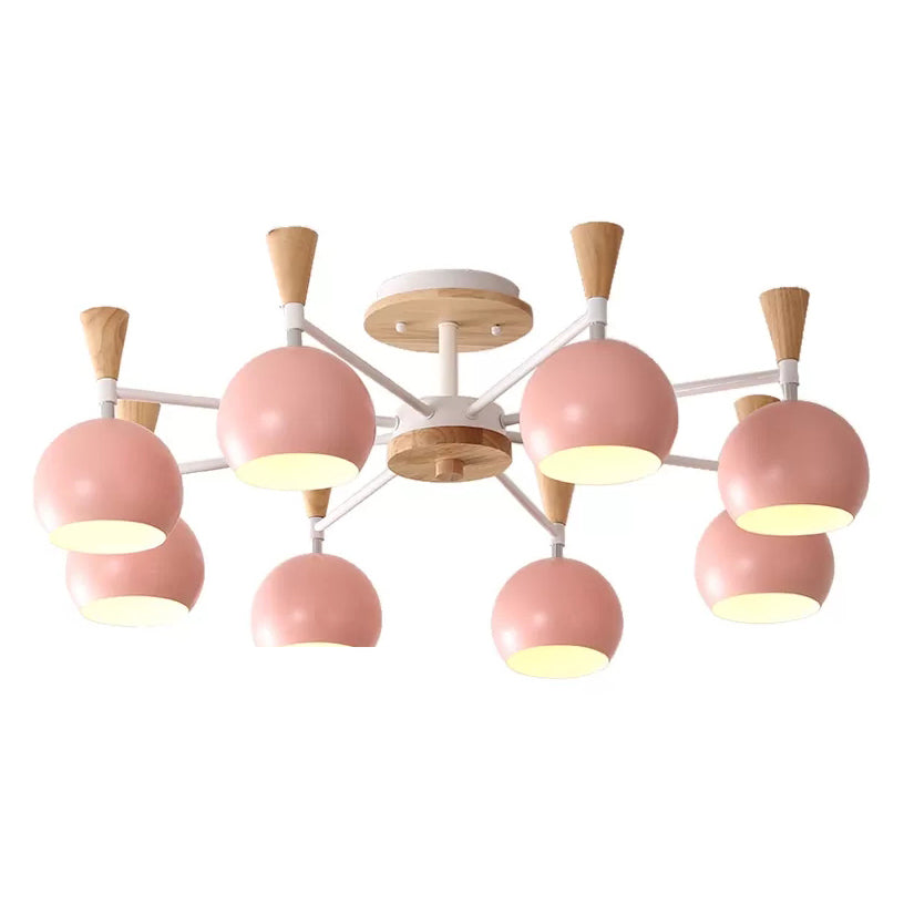 Wood and Metal Ceiling Light, 3 Lights Semi Flush Mount Lighting with Orb Shade for Kids Bedroom Nordic Style 8 Pink Clearhalo 'Ceiling Lights' 'Close To Ceiling Lights' 'Close to ceiling' 'Semi-flushmount' Lighting' 13687