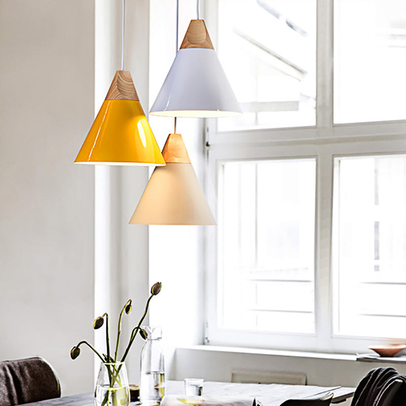 5.5"/8.5"/10" W 1 Bulb Pendant Light with Conical Shade Metal Contemporary Kitchen Hanging Fixture in Grey/Silver/Yellow Yellow Clearhalo 'Ceiling Lights' 'Modern Pendants' 'Modern' 'Pendant Lights' 'Pendants' Lighting' 136897