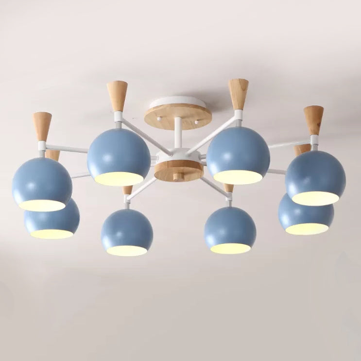 Wood and Metal Ceiling Light, 3 Lights Semi Flush Mount Lighting with Orb Shade for Kids Bedroom Nordic Style 8 Blue Clearhalo 'Ceiling Lights' 'Close To Ceiling Lights' 'Close to ceiling' 'Semi-flushmount' Lighting' 13690