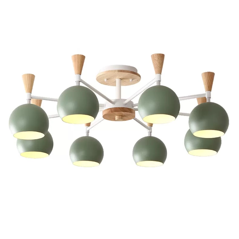 Wood and Metal Ceiling Light, 3 Lights Semi Flush Mount Lighting with Orb Shade for Kids Bedroom Nordic Style 8 Green Clearhalo 'Ceiling Lights' 'Close To Ceiling Lights' 'Close to ceiling' 'Semi-flushmount' Lighting' 13691