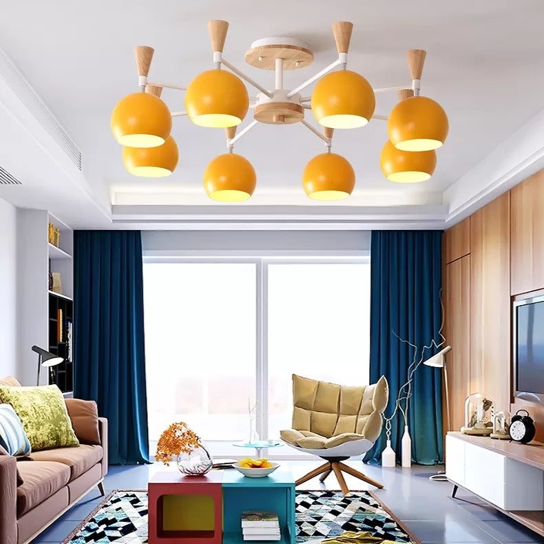 Wood and Metal Ceiling Light, 3 Lights Semi Flush Mount Lighting with Orb Shade for Kids Bedroom Nordic Style 8 Yellow Clearhalo 'Ceiling Lights' 'Close To Ceiling Lights' 'Close to ceiling' 'Semi-flushmount' Lighting' 13692