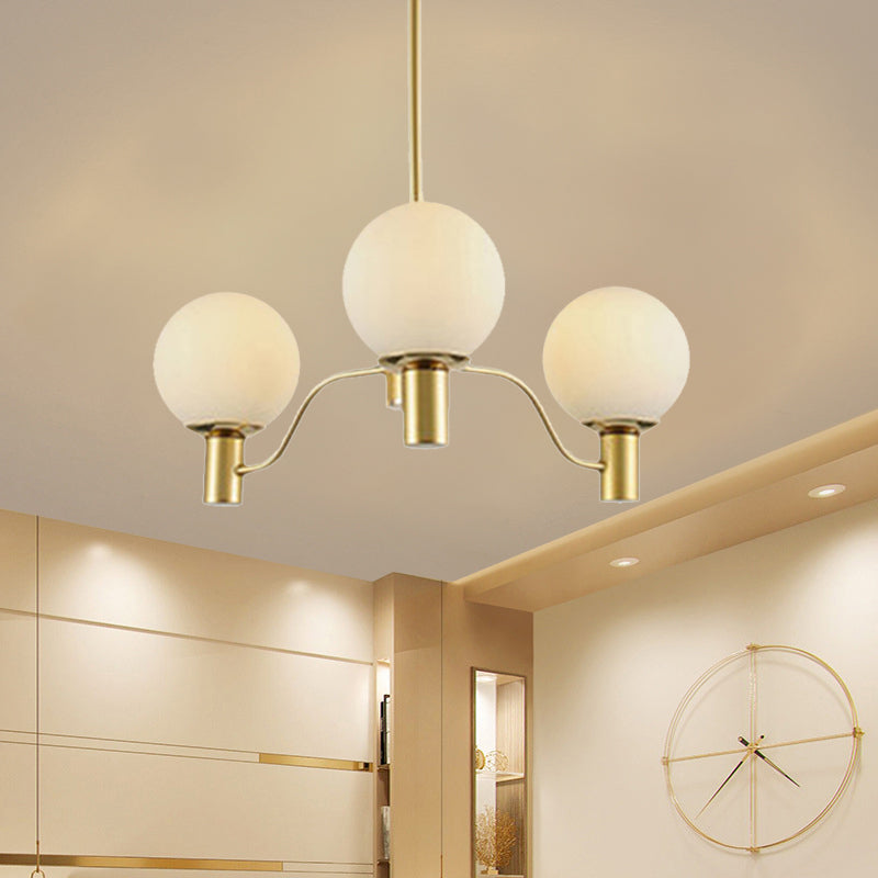 Radial White Glass Chandelier Lamp Post-Modern 3/6/8 Lights Gold Hanging Light Fixture with Ball Shade 3 Gold Clearhalo 'Ceiling Lights' 'Chandeliers' 'Glass shade' 'Glass' 'Modern Chandeliers' 'Modern' Lighting' 136964