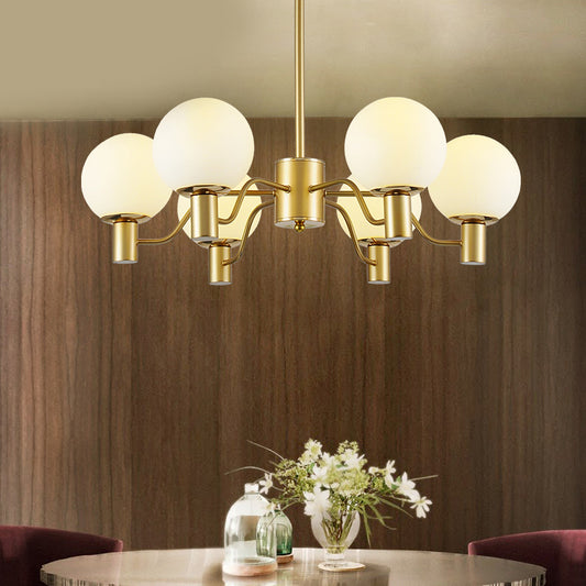 Radial White Glass Chandelier Lamp Post-Modern 3/6/8 Lights Gold Hanging Light Fixture with Ball Shade 6 Gold Clearhalo 'Ceiling Lights' 'Chandeliers' 'Glass shade' 'Glass' 'Modern Chandeliers' 'Modern' Lighting' 136967