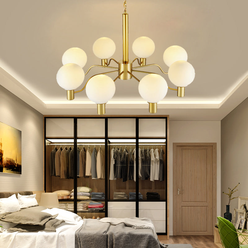 Radial White Glass Chandelier Lamp Post-Modern 3/6/8 Lights Gold Hanging Light Fixture with Ball Shade 8 Gold Clearhalo 'Ceiling Lights' 'Chandeliers' 'Glass shade' 'Glass' 'Modern Chandeliers' 'Modern' Lighting' 136970