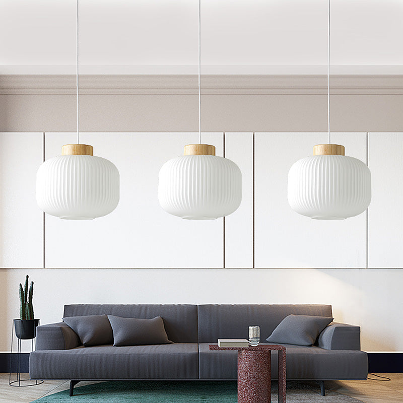 5.5"/8"/12" W Cylinder Pendant Light with Milk Glass Ribbed Shade Modern 1 Light Restaurant Ceiling Fixture in White Clearhalo 'Ceiling Lights' 'Close To Ceiling Lights' 'Glass shade' 'Glass' 'Modern Pendants' 'Modern' 'Pendant Lights' 'Pendants' Lighting' 137161