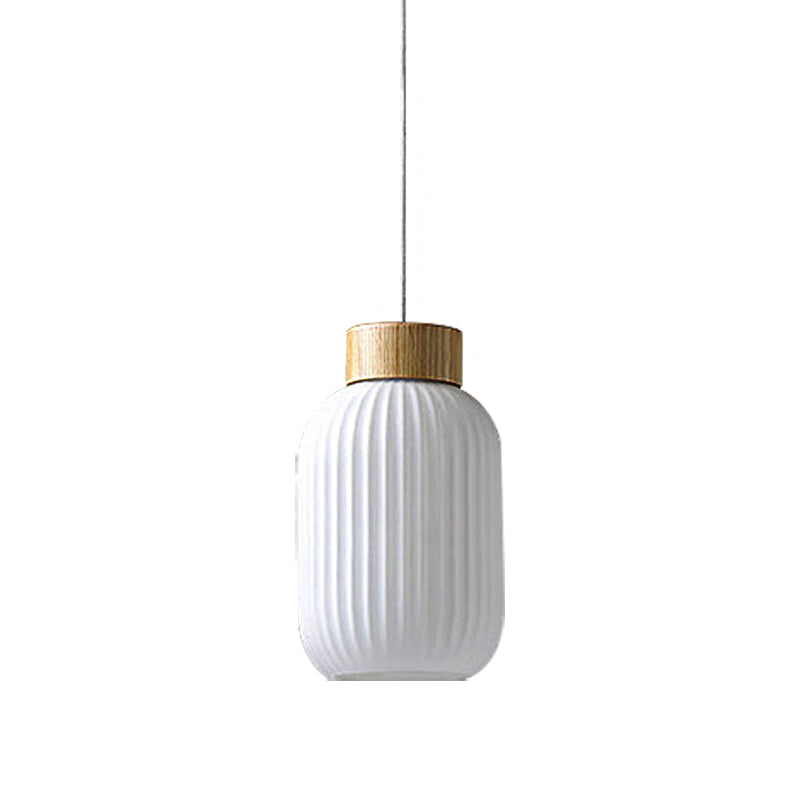 5.5"/8"/12" W Cylinder Pendant Light with Milk Glass Ribbed Shade Modern 1 Light Restaurant Ceiling Fixture in White Clearhalo 'Ceiling Lights' 'Close To Ceiling Lights' 'Glass shade' 'Glass' 'Modern Pendants' 'Modern' 'Pendant Lights' 'Pendants' Lighting' 137165