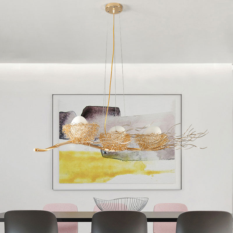 Wire Mesh Bird Nest Island Lighting 3-Light Modern Chandelier Light in Gold for Restaurant Clearhalo 'Ceiling Lights' 'Island Lights' Lighting' 137276