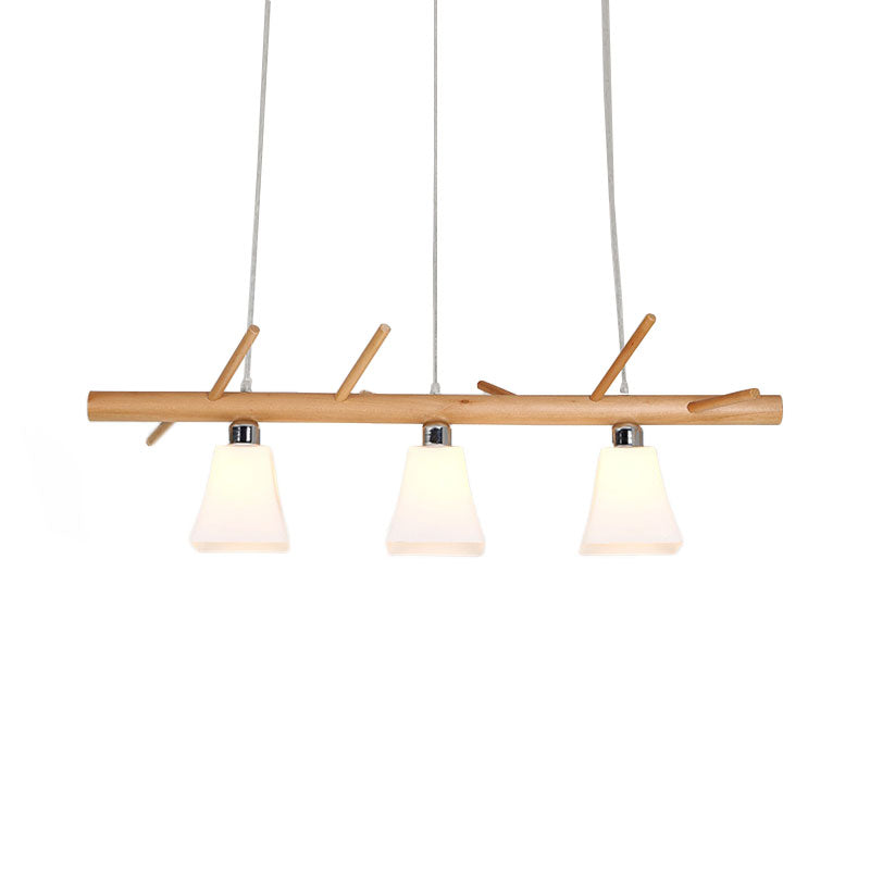 Opal Glass Bell Shade Chandelier 3-Light Modern Island Lighting in Wood for Dining Room Clearhalo 'Ceiling Lights' 'Island Lights' Lighting' 137345