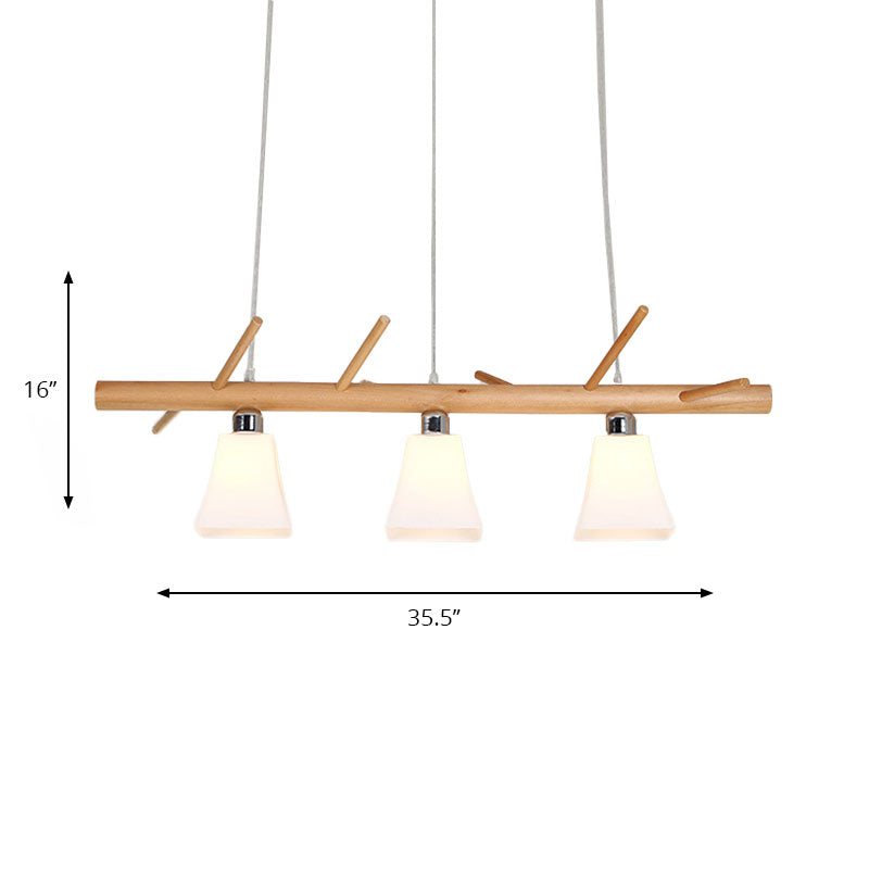 Opal Glass Bell Shade Chandelier 3-Light Modern Island Lighting in Wood for Dining Room Clearhalo 'Ceiling Lights' 'Island Lights' Lighting' 137346