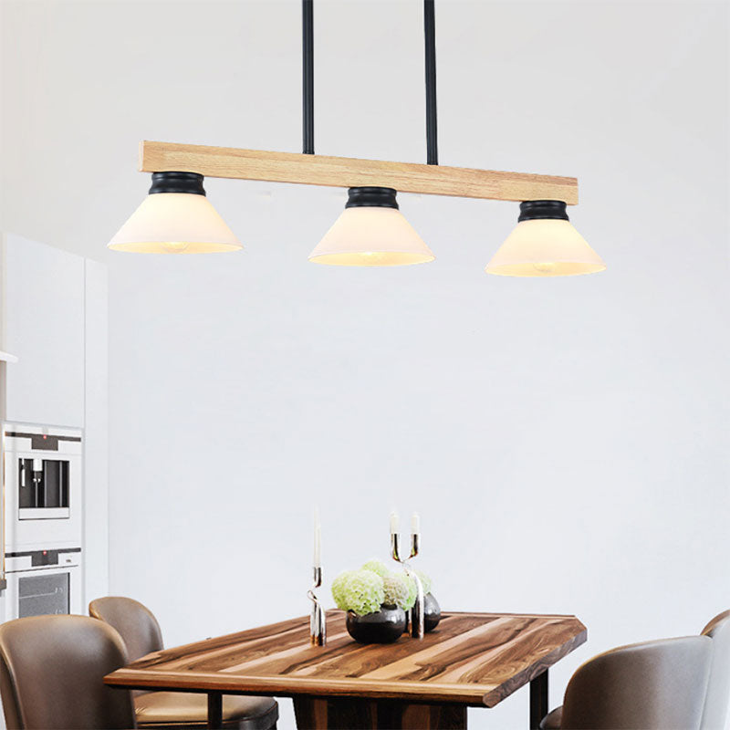 Wooden Cone Shade Island Chandelier 3/4 Heads Nordic Style Linear Pendant Light over Kitchen Island 3 Black Clearhalo 'Ceiling Lights' 'Island Lights' Lighting' 137348