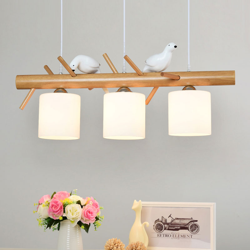 Glass Cylinder Shade Island Light Dining Room 2/3 Lights Wood Hanging Chandelier with Bird Decor Clearhalo 'Ceiling Lights' 'Island Lights' Lighting' 137359