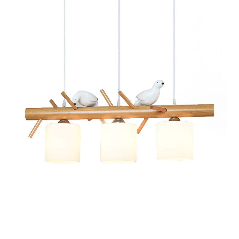 Glass Cylinder Shade Island Light Dining Room 2/3 Lights Wood Hanging Chandelier with Bird Decor Clearhalo 'Ceiling Lights' 'Island Lights' Lighting' 137360