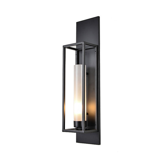 Black Rectangular Wall Lamp Modernism Style 1 Bulb Metal Sconce Lighting with Cylindrical Glass Shade Clearhalo 'Cast Iron' 'Glass' 'Industrial' 'Modern wall lights' 'Modern' 'Tiffany' 'Traditional wall lights' 'Wall Lamps & Sconces' 'Wall Lights' Lighting' 137508