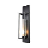 Black Rectangular Wall Lamp Modernism Style 1 Bulb Metal Sconce Lighting with Cylindrical Glass Shade Clearhalo 'Cast Iron' 'Glass' 'Industrial' 'Modern wall lights' 'Modern' 'Tiffany' 'Traditional wall lights' 'Wall Lamps & Sconces' 'Wall Lights' Lighting' 137508