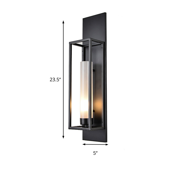 Black Rectangular Wall Lamp Modernism Style 1 Bulb Metal Sconce Lighting with Cylindrical Glass Shade Clearhalo 'Cast Iron' 'Glass' 'Industrial' 'Modern wall lights' 'Modern' 'Tiffany' 'Traditional wall lights' 'Wall Lamps & Sconces' 'Wall Lights' Lighting' 137509