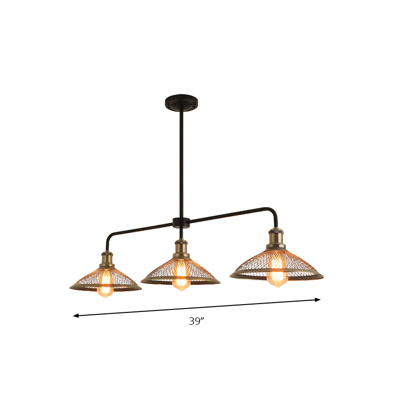 3 Heads Cage Flared Island Lighting with Mesh Screen Industrial Copper/Aged Bronze Metal Island Pendant Light for Dining Room Clearhalo 'Ceiling Lights' 'Island Lights' Lighting' 137527