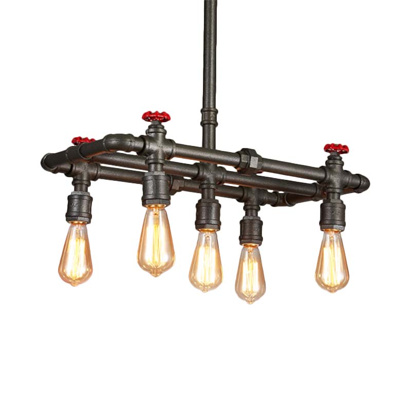 Black Finish Tubing Hanging Lamp with Red Valve Antique Metal 5-Bulb Dining Room Chandelier Lighting Clearhalo 'Ceiling Lights' 'Island Lights' Lighting' 137534