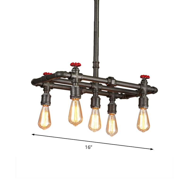 Black Finish Tubing Hanging Lamp with Red Valve Antique Metal 5-Bulb Dining Room Chandelier Lighting Clearhalo 'Ceiling Lights' 'Island Lights' Lighting' 137535