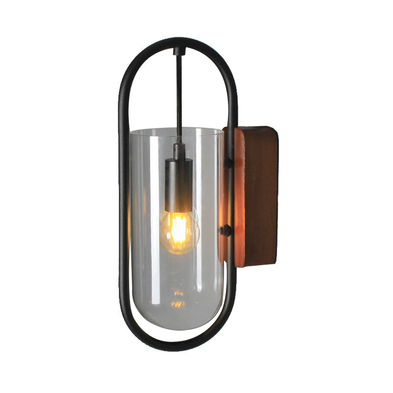 Black Cylinder Sconce Lighting Industrial 1 Light Clear/Amber Glass Wall Mount Light Fixture Clearhalo 'Cast Iron' 'Glass' 'Industrial' 'Modern wall lights' 'Modern' 'Tiffany' 'Traditional wall lights' 'Wall Lamps & Sconces' 'Wall Lights' Lighting' 137537